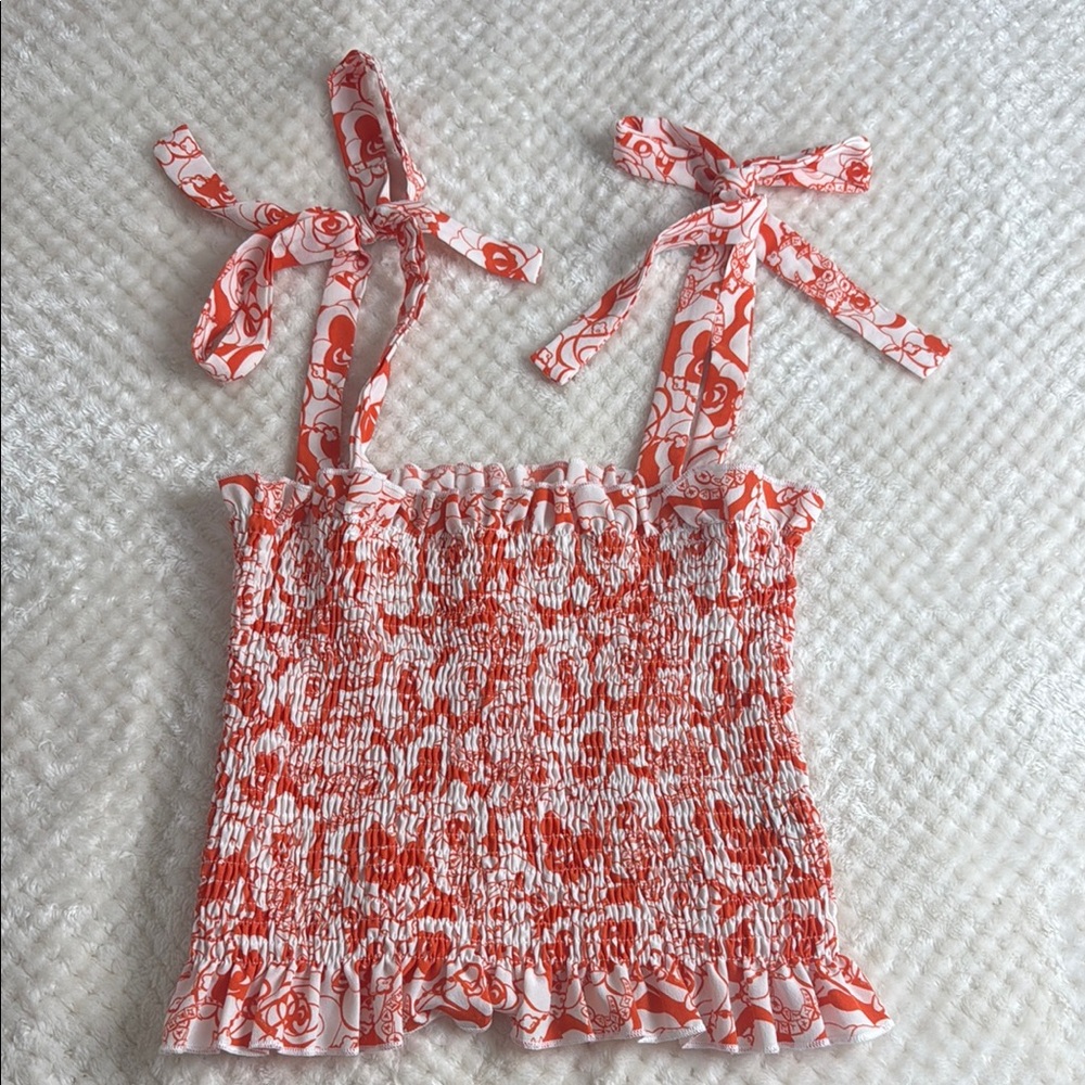 SHEIN Orange and White Floral Smocked Camisole with Tie shoulder Straps Size L